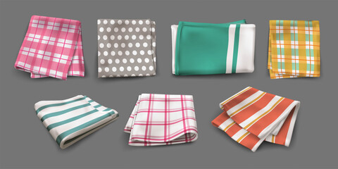 Table cloth, kitchen napkins with colorful geometric prints. Different cotton tablecloth, 3d picnic towels, fabric handkerchief collection, blankets top view. Vector exact isolated realistic set - obrazy, fototapety, plakaty