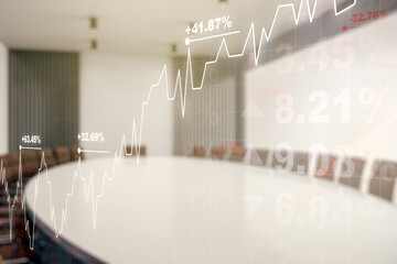 Multi exposure of virtual creative financial chart hologram on a modern meeting room background,...