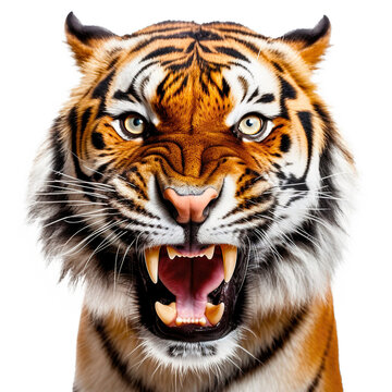 Close-up of an angry tiger face isolated. Head front view. Generative AI