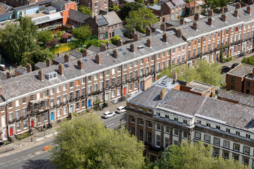 Fototapeta premium Liverpool, united kingdom May, 16, 2023 terrace Brick houses in Liverpool, England