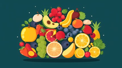 Brain with fruits concept of healthy living and eating
