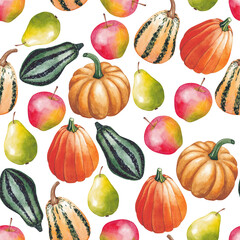 Harvest day, Thanksgiving day watercolor background with pumpkins, cornucopia, apples, pears. Watercolor seamless pattern.
