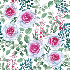 Seamless pattern with spring flowers and leaves. Hand drawn background. floral pattern for wallpaper or fabric. Flower rose. Botanic Tile.