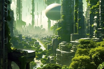 Futuristic sustainable green city, concept of city of the future based on green energy and eco industry. Generative AI