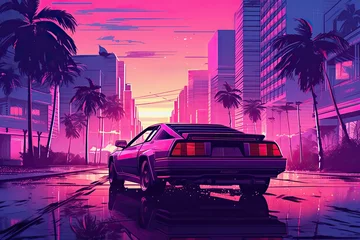 Poster Synthwave illustration of retro futuristic car on city street in neon colors. Generative AI © iridescentstreet