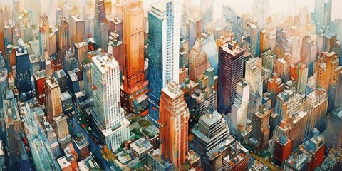 New York essence in brush strokes: cityscape, skyline, landmarks, streets captured in watercolor and oil. Generative AI - obrazy, fototapety, plakaty