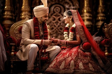 Indian Hindu couple at wedding ceremony, Tradinational Indian wedding mandap, Generative AI