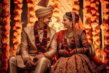 Naklejka na ściany i meble Indian Hindu couple at wedding ceremony, Tradinational Indian wedding mandap, Generative AI