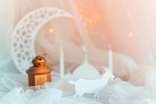 Eid Al-Adha image mosque with goat and crescent moon, 2023 Eid Mubarak design