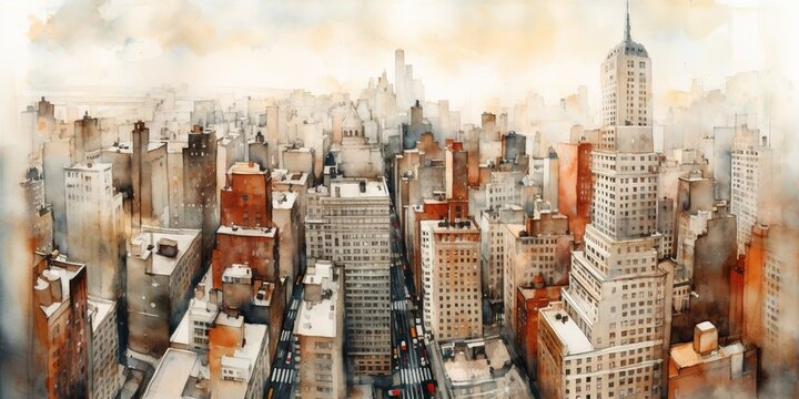 New York essence in brush strokes: cityscape, skyline, landmarks, streets captured in watercolor and oil. Generative AI