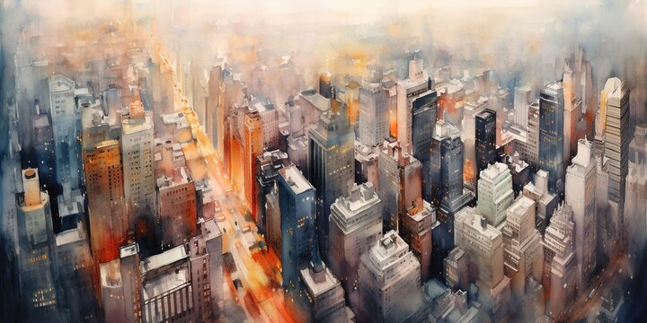 New York essence in brush strokes: cityscape, skyline, landmarks, streets captured in watercolor and oil. Generative AI