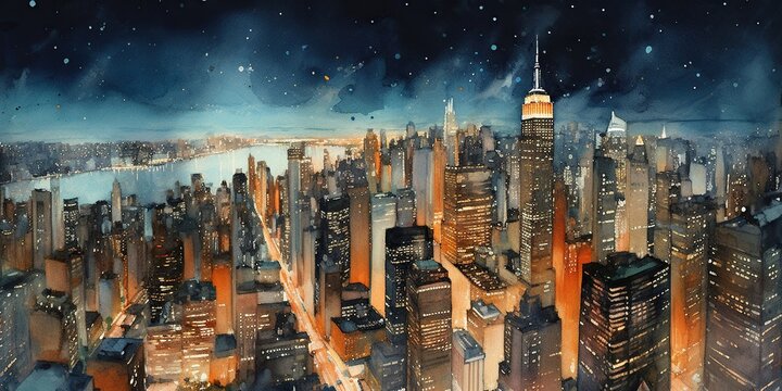 New York after dark: night skyline, cityscape, streets and landmarks painted with watercolor and oil. Generative AI