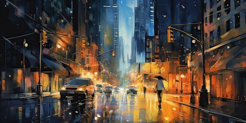 New York City at night, street art with taxi, a watercolor painting captures urban life and iconic yellow cabs. Generative AI