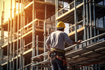worker with helmet working on construction sector on building. generative ai
