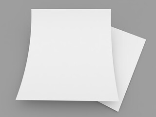 Two curved sheets of A4 paper on a gray background. 3d render illustration.