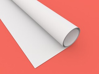 Wallpaper roll mockup on red background. 3d render illustration.