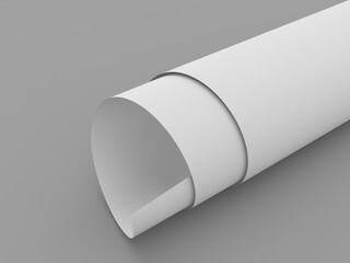 A sheet of office paper folded rolled into a roll on a gray background. 3d render illustration.