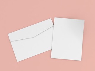 Paper envelope and sheet of a4 paper on a pink background. 3d render illustration.