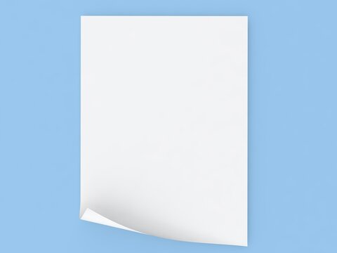 A white sheet of paper with a curved edge in A4 size on a blue background. 3d render illustration.