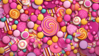 Fototapeta na wymiar A colorful collection of candies and lollipops on a vibrant pink abstract backdrop, perfect for sweet-themed decorations. Ai generative.