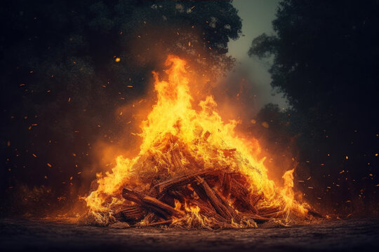A blazing bonfire ignites a towering inferno of sparks and flames illuminating the dark night. The scorching heat and bursting temperature create a mesmerizing natural phenomenon. Ai generative.