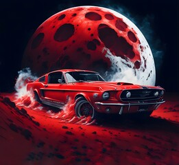  flat design of 1968 ford mustang red shelby, drifting on the moon made with generative AI - obrazy, fototapety, plakaty