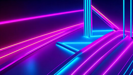3d render. Abstract minimal neon background pink blue neon line.