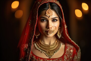 Beautiful Indian Bride in red lehenga looking at the camera, Traditional Indian Wedding, Generative AI