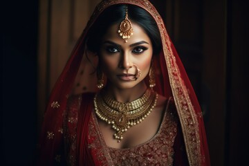 Beautiful Indian Bride in red lehenga looking at the camera, Traditional Indian Wedding, Generative AI