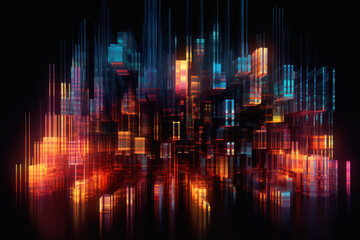 Big data technology and data science in neon glow background. Analyzing and visualizing. Data flow. Business analytics, finance, AI, ML Ai generative.