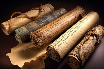 Fototapeta na wymiar Ancient Scrolls on Wooden Desk. Concept-Image of Old Parchment Documents, Bible, and Commandments with Vintage Writing Tools and Supplies. Generative AI