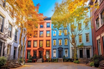 Architecture in Living Colors. Colourful Houses along Gay Street in the West Village, Manhattan, NYC: Generative AI