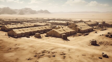 Armed Forces: Desert Border Barrack Military Camp with Camouflage Tents and Marine Forces in Action: Generative AI