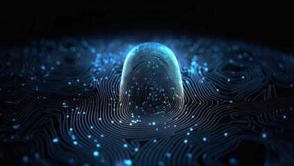 futuristic digital processing of biometric fingerprint scanner. concept of surveillance and security scanning of digital programs and fingerprint biometrics. cyber futuristic , future. Ai generative.