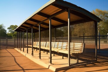 Sunny Baseball Field Dugout with Slanted Roof and Chain Link Fence for Sports and Softball games: Generative AI - obrazy, fototapety, plakaty