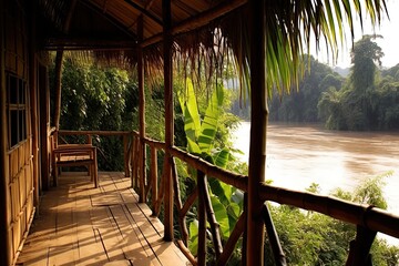 Tropical Retreat - Bamboo Hut with Stunning Views of Laos River and Lush Nature: Generative AI