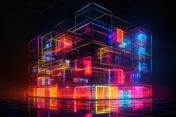 Unleashing the power of modern technology and datadriven solutions in a futuristic neon block building illuminated geometry. Ai generative.