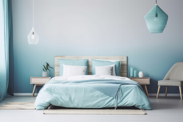 A modern bedroom oasis with contemporary furniture, cozy bedding, and elegant decor. Transform your space with this interior design mockup. Stylish serenity. Ai generative.