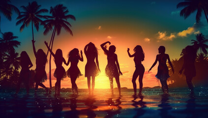 Silhouettes of Friends Dancing and Partying in the Paradise Beach. Friendship, Joy, and Carefree Happiness Lit by the Evening Sun. Tropical Sunset Delight. Ai generative.