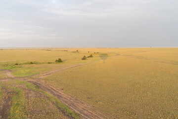 Fototapeta premium Hot air balloon shadow on the plains of the Masaai Mara in Kenya Africa. Dirt roads and zebras in distance