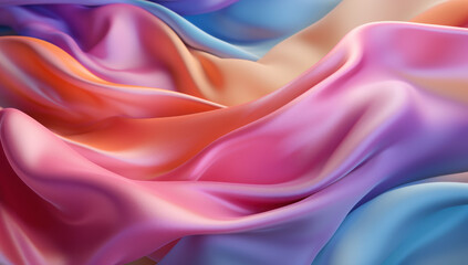 Obraz premium Colorful silk background. A soft and elegant fabric with abstract waves. Luxurious satin texture in pastel colors. Perfect for artistic and romantic presentations. Ai generative.