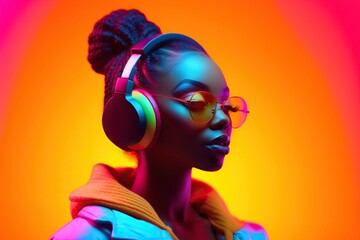 Naklejka premium Fashionable young african american woman in neon outfit, with headphones and sunglasses, listening to music, studio portrait. Generative AI