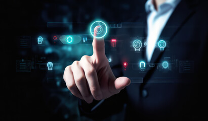 Obraz premium Data protection privacy concept. Cyber security network. Business man protecting data personal information on virtual screen. Internet technology networking connection on digital. Ai generative.
