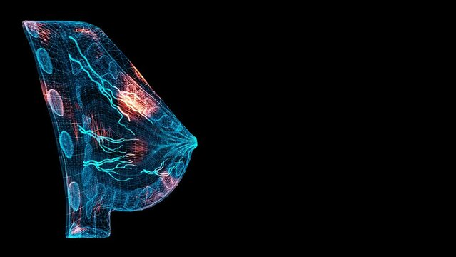 3D female breast Scan. Breast Scanning Interface. HUD woman breast analyze. Medical Science Anatomy concept. For title, text, presentation. 3d animation 60 FPS