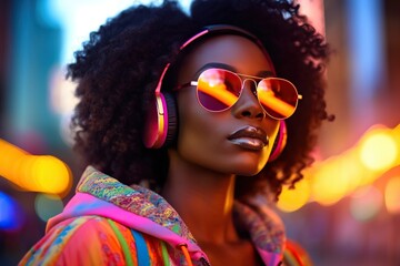 Stylish young african american woman in neon clothes, with headphones and sunglasses, listening to music on the street. Generative AI