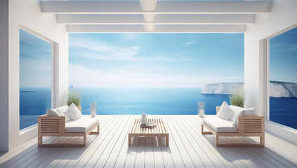 Obraz na płótnie Canvas Stunning terrace, modern interiors, and serene ambiance. Your dream home by the sea awaits. Luxury apartment living with breathtaking ocean views. Ai generative.