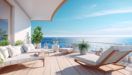 Fototapeta premium Modern interiors, stylish terrace, and serene ambiance await in your dream coastal home. Experience the epitome of luxury apartment living with captivating ocean views. Ai generative.