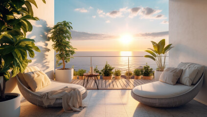 Experience luxury living with spectacular ocean views from the stylish apartment terrace. Modern interiors, serene ambiance, and endless relaxation await. Seaside splendor. Ai generative.