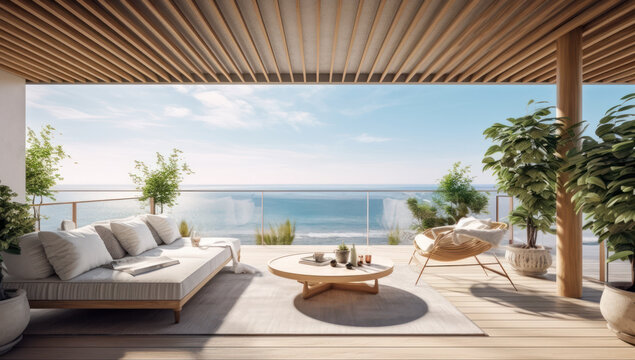 Modern interiors, stylish terrace, and serene ambiance await in your dream coastal home! Experience the epitome of luxury apartment living with captivating ocean views. Ai generative.