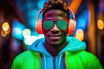 Stylish young african american man in neon clothes, with headphones and sunglasses, listening to music on the street. Generative AI - obrazy, fototapety, plakaty